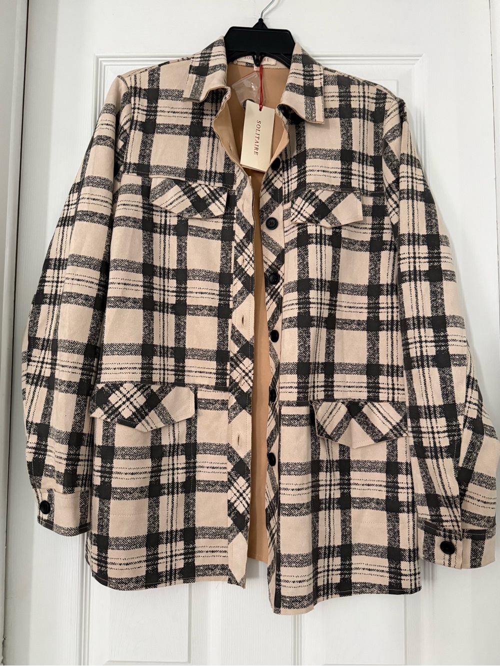 Solitaire Beige and Black Plaid Utility Jacket